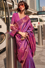 Staring Purple Kanjivaram Silk Saree With Adorable Blouse Piece