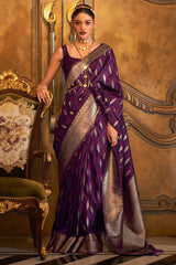 Amazing Purple Soft Banarasi Silk Saree With Staring Blouse Piece