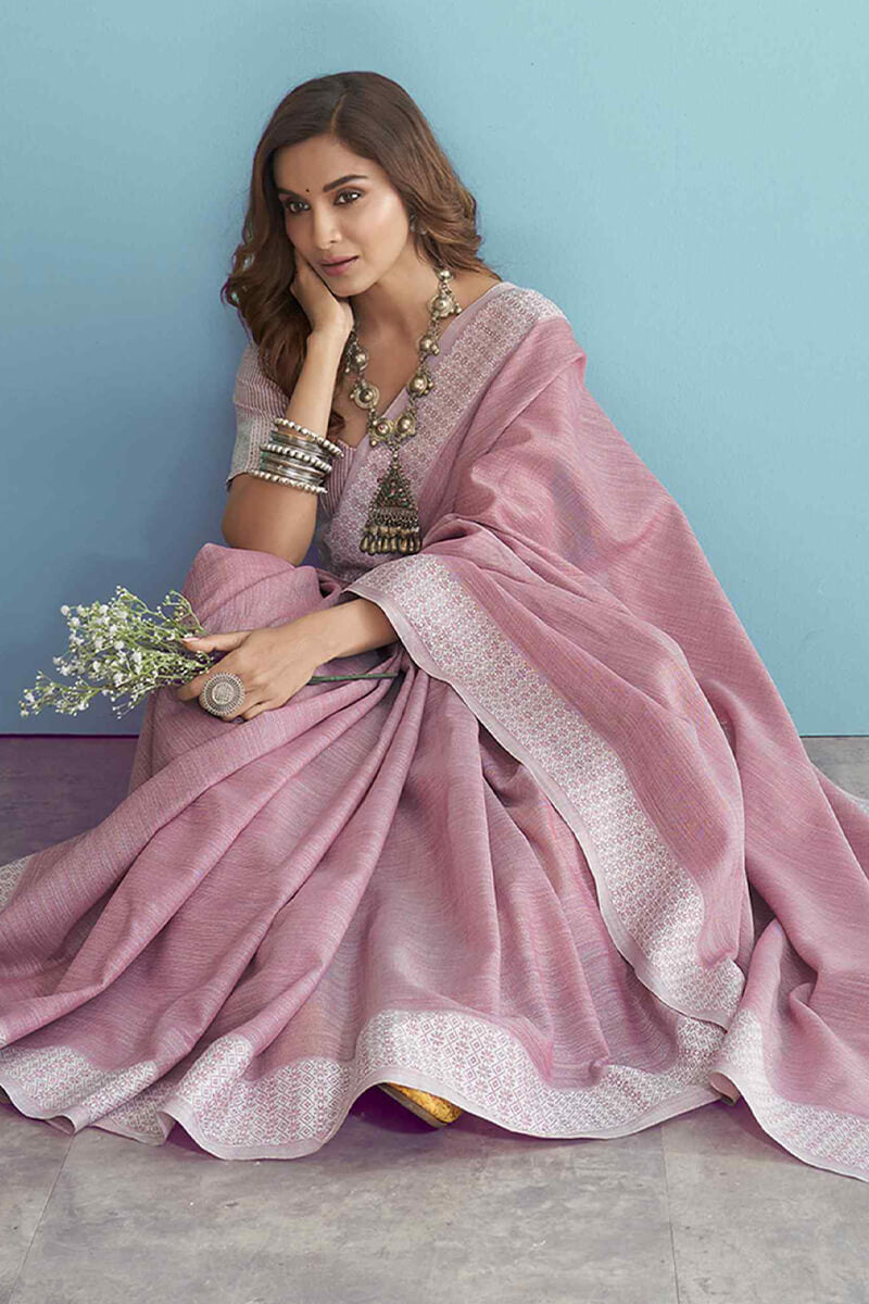Deserving Lavender Lucknowi Silk Saree With Blooming Blouse Piece