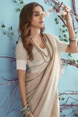 Comely Light Brown Lucknowi Silk Saree With Desultory Blouse Piece