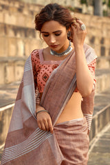 Bewitching Brown Cotton Silk Saree With Gossamer Blouse Piece