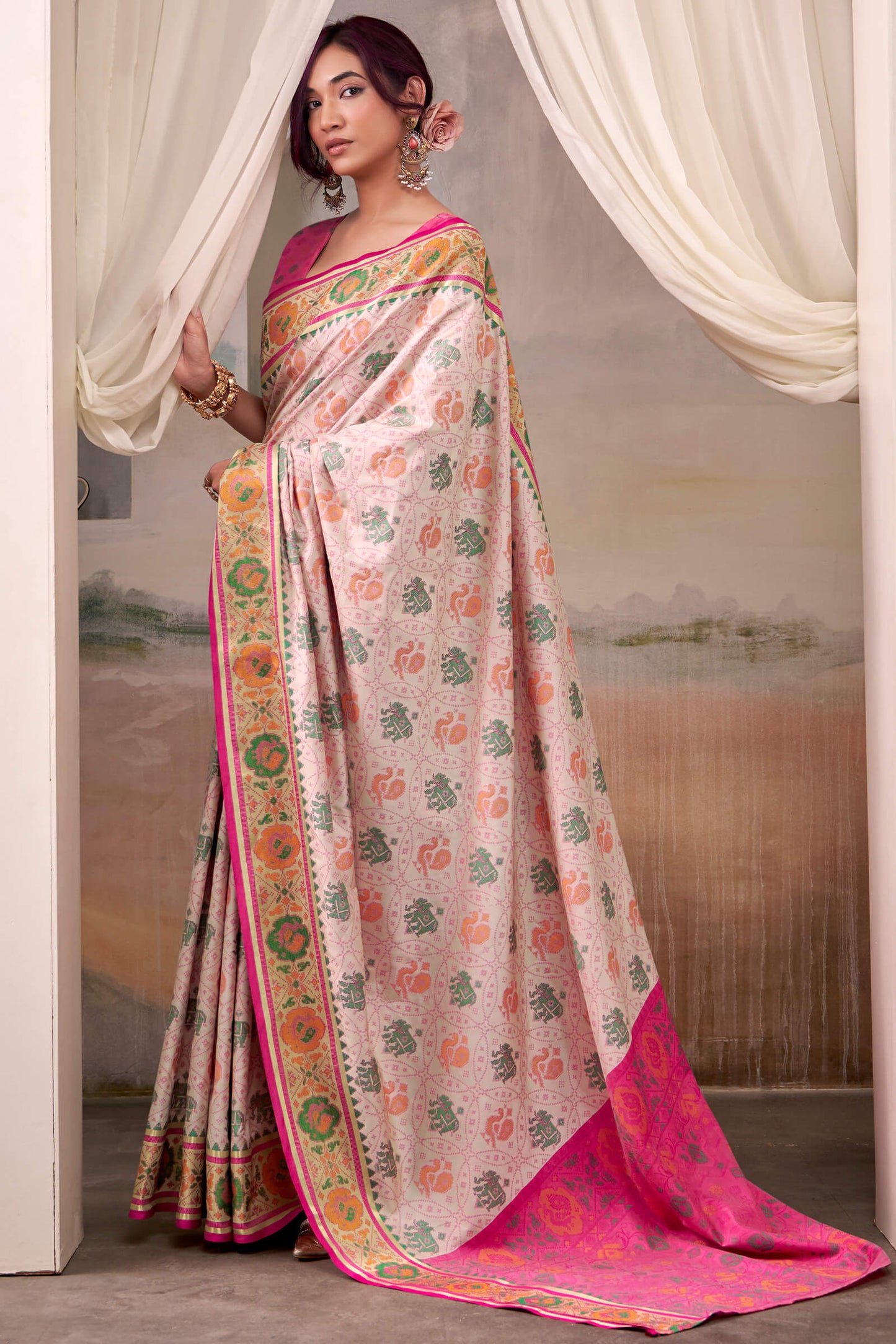 Marvellous Beige Patola Silk Saree With Tremendous Blouse Piece