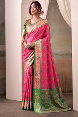 Amiable Pink Patola Silk Saree With Flamboyant Blouse Piece