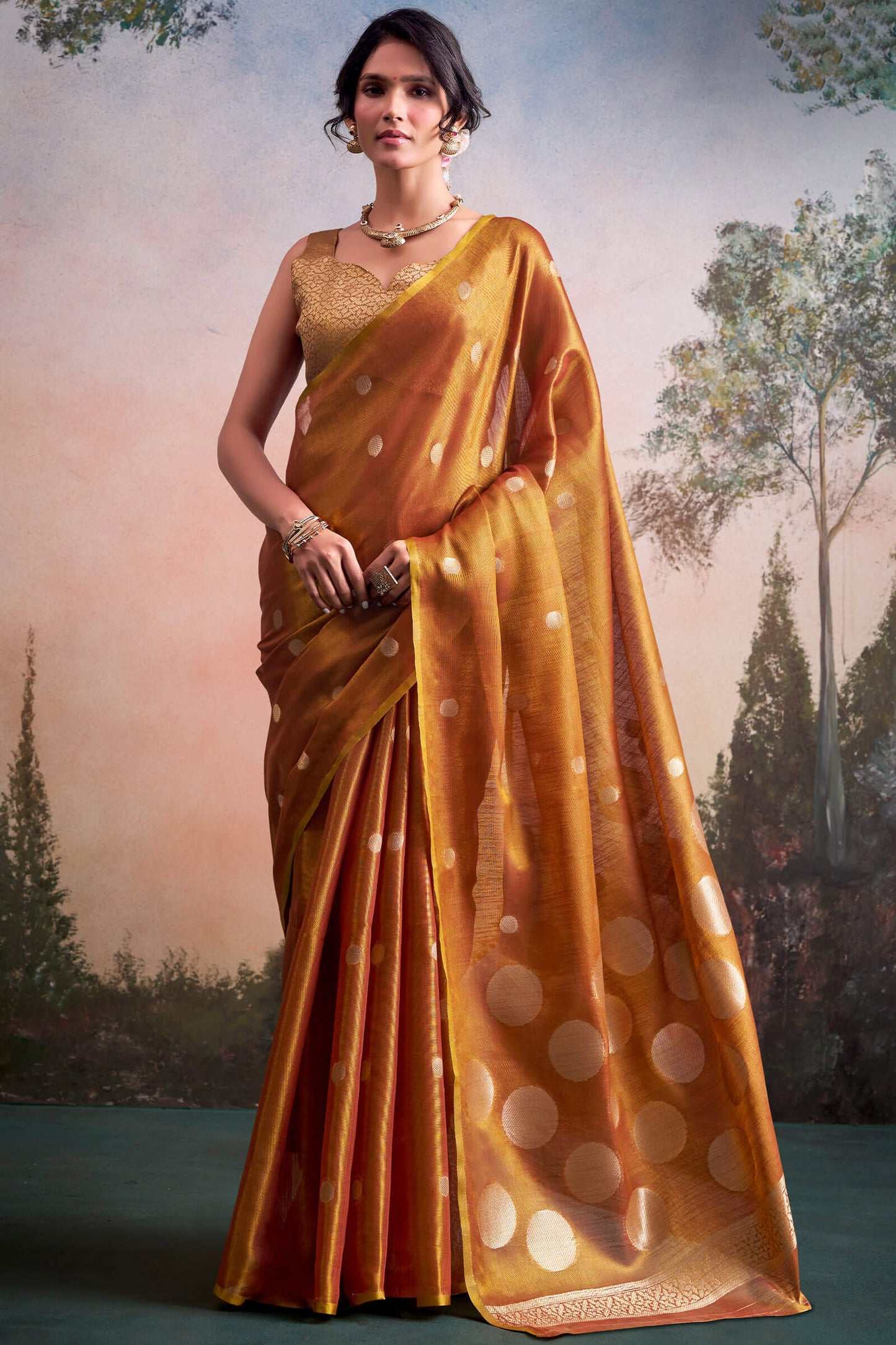 Assemblage Orange Banarasi Tissue Silk Saree With Rhapsodic Blouse Piece
