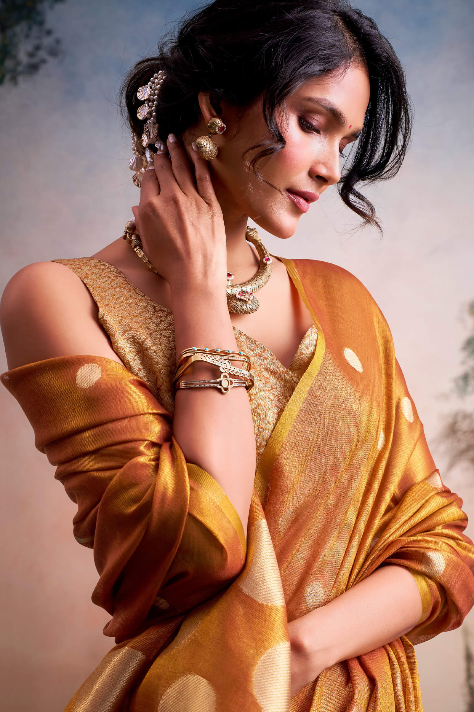 Assemblage Orange Banarasi Tissue Silk Saree With Rhapsodic Blouse Piece
