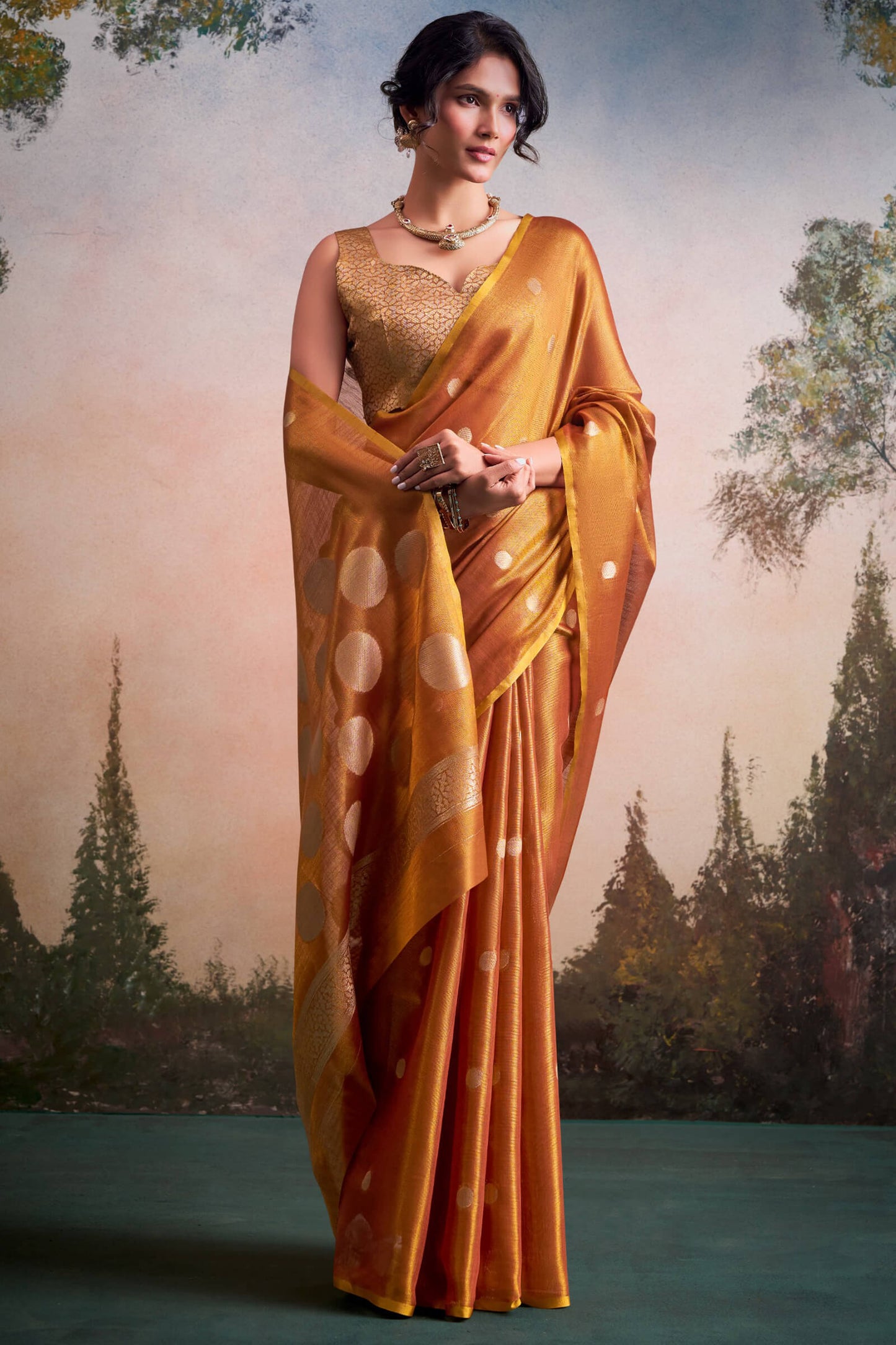 Assemblage Orange Banarasi Tissue Silk Saree With Rhapsodic Blouse Piece