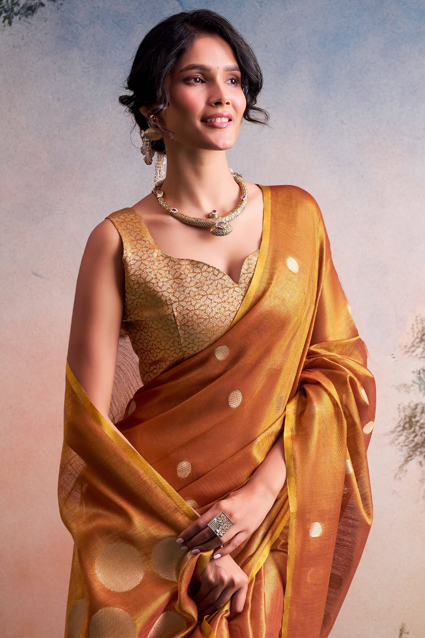 Assemblage Orange Banarasi Tissue Silk Saree With Rhapsodic Blouse Piece