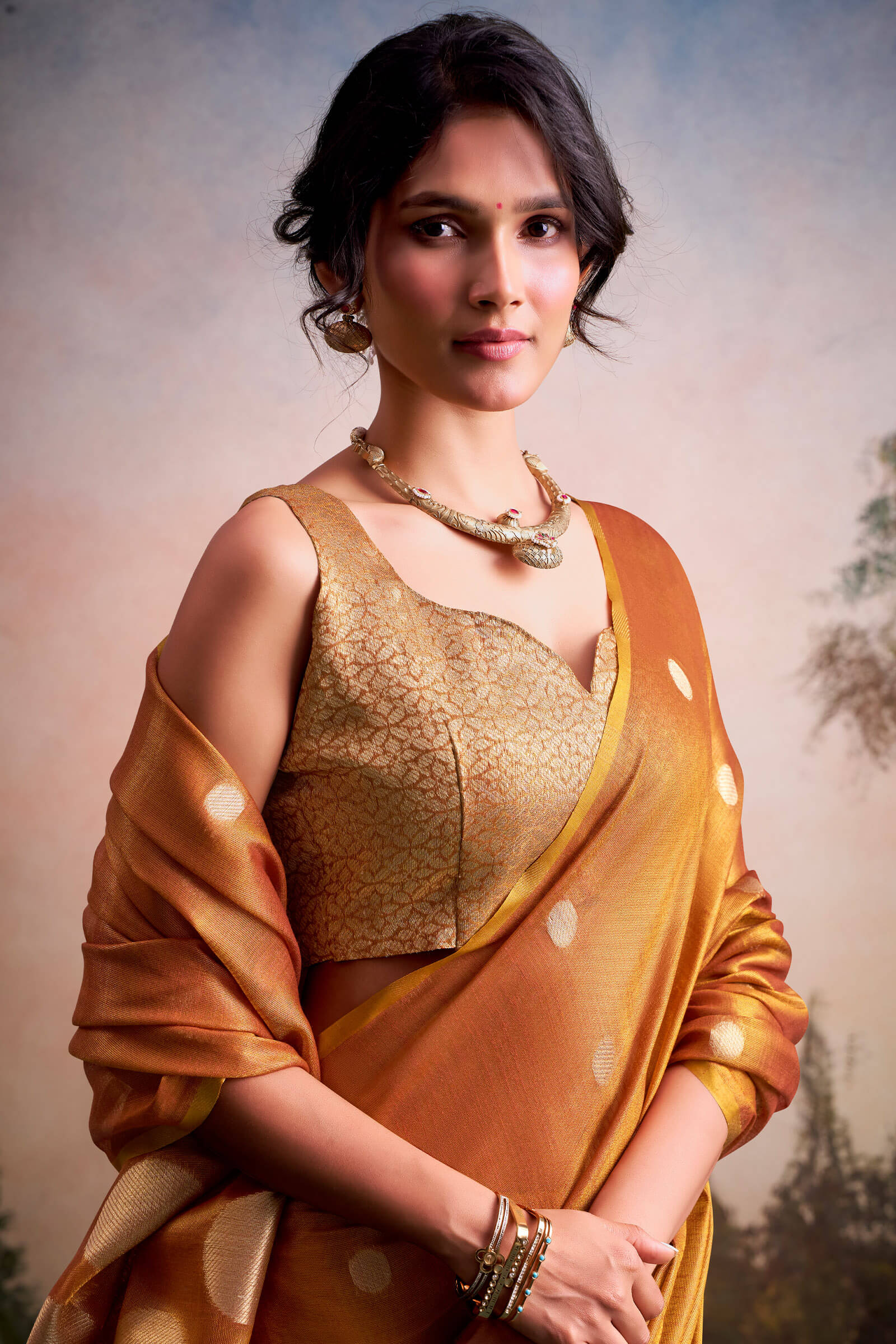Assemblage Orange Banarasi Tissue Silk Saree With Rhapsodic Blouse Piece
