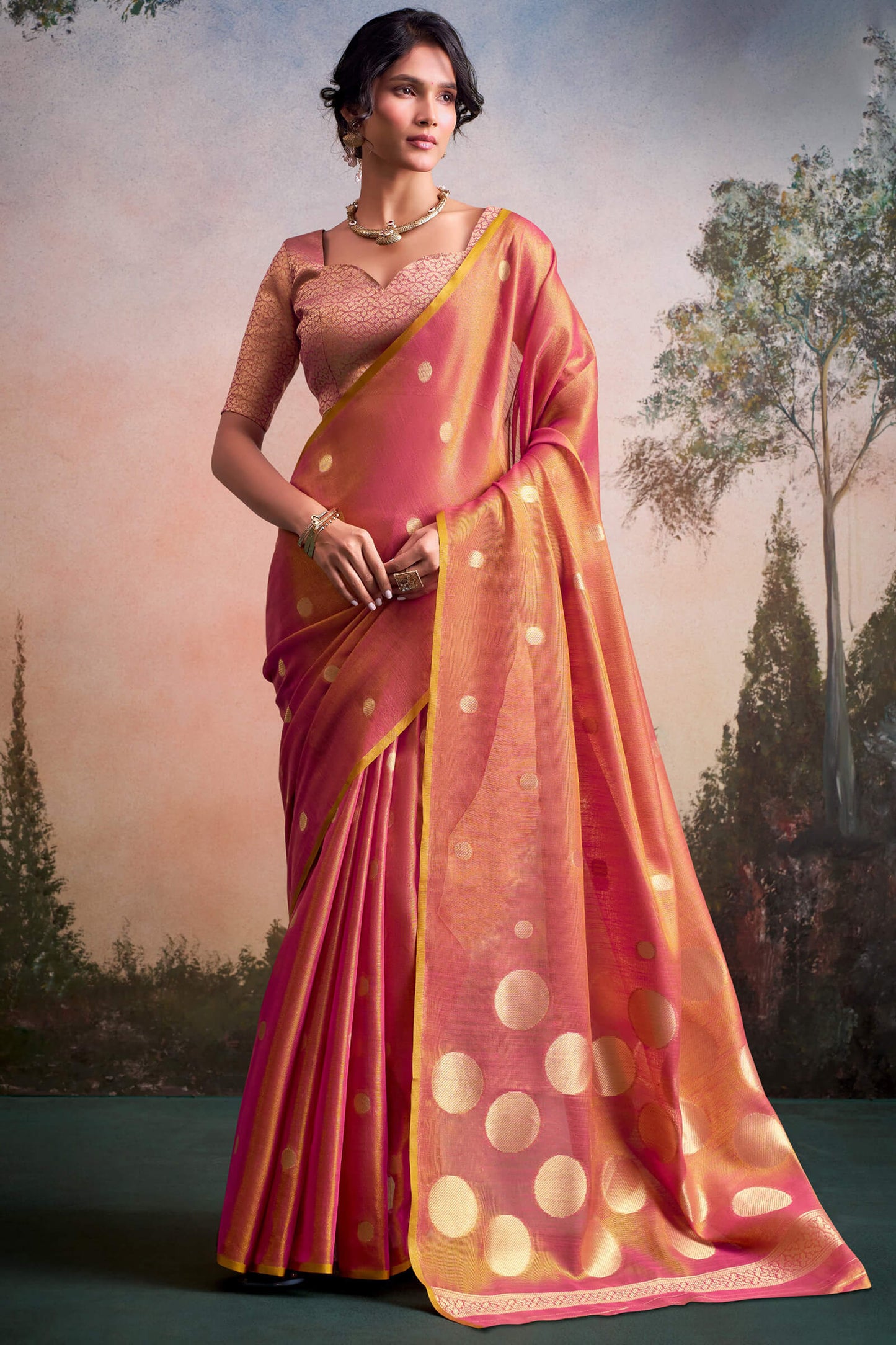 Transcendent Peach Banarasi Tissue Silk Saree With Evocative Blouse Piece