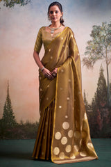 Surreptitious Brown Banarasi Tissue Silk Saree With Extraordinary Blouse Piece