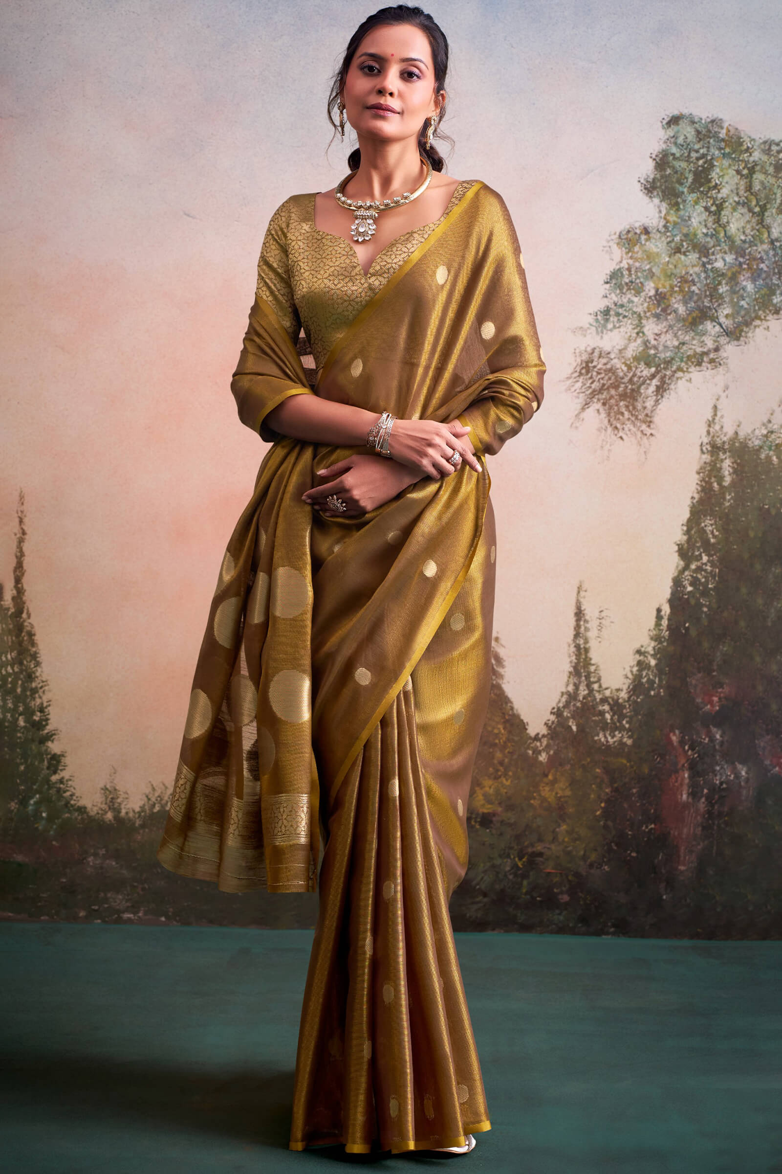 Surreptitious Brown Banarasi Tissue Silk Saree With Extraordinary Blouse Piece