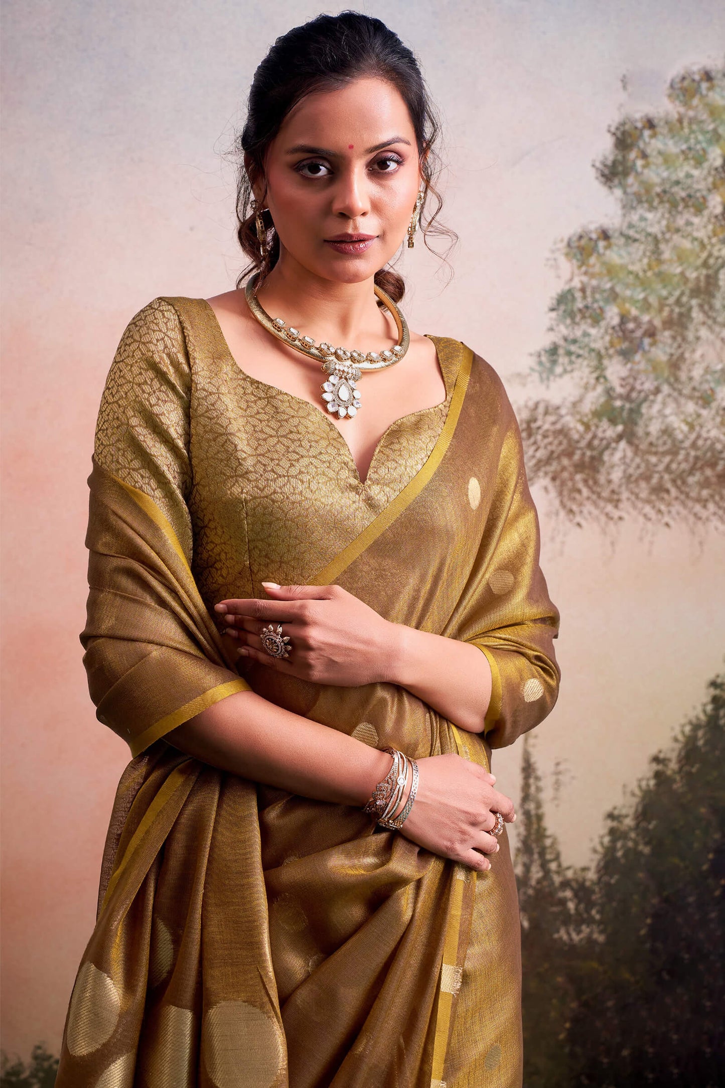 Surreptitious Brown Banarasi Tissue Silk Saree With Extraordinary Blouse Piece