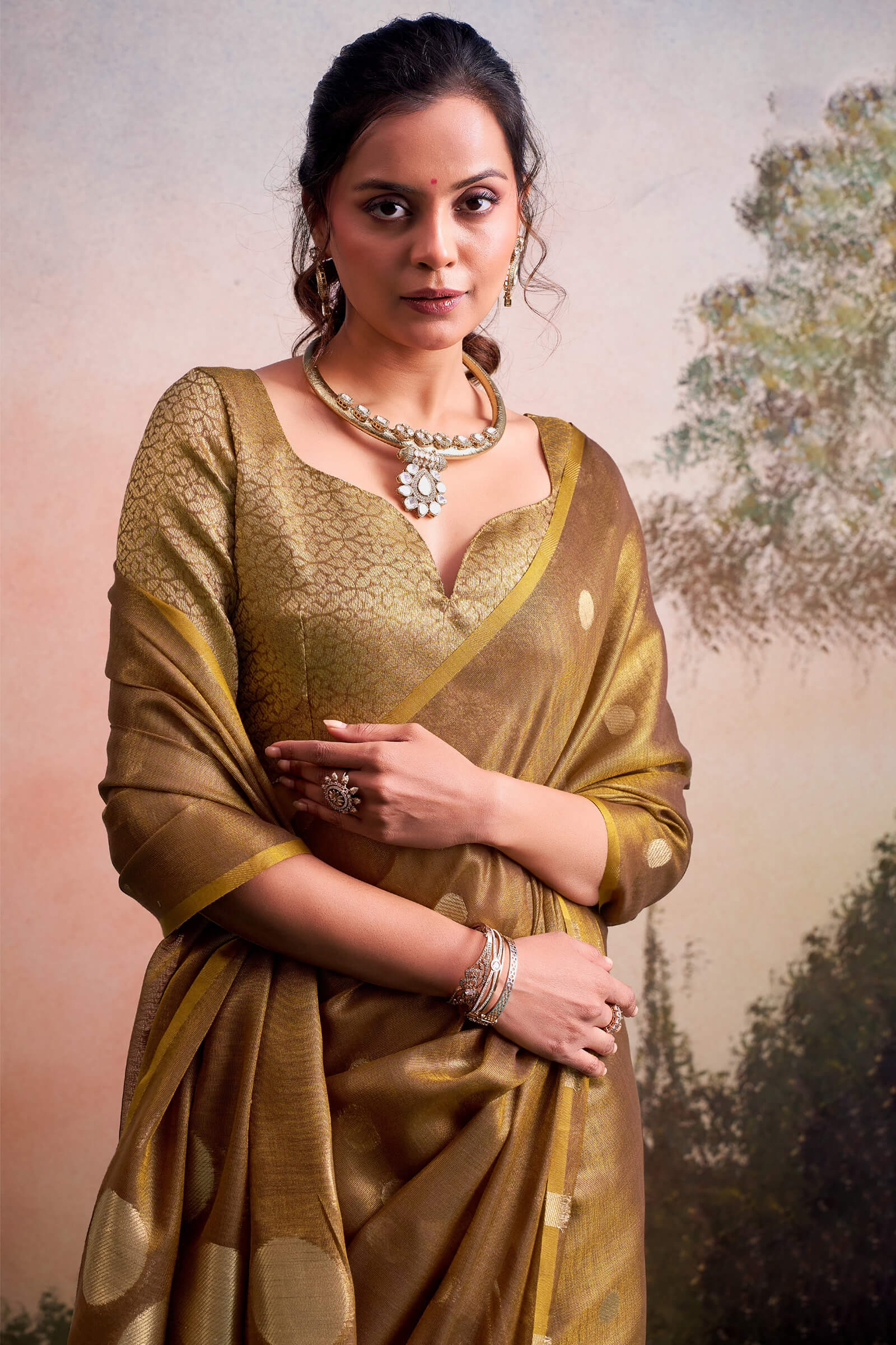 Surreptitious Brown Banarasi Tissue Silk Saree With Extraordinary Blouse Piece