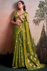 Posh Green Banarasi Tissue Silk Saree With Imbrication Blouse Piece