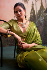Posh Green Banarasi Tissue Silk Saree With Imbrication Blouse Piece