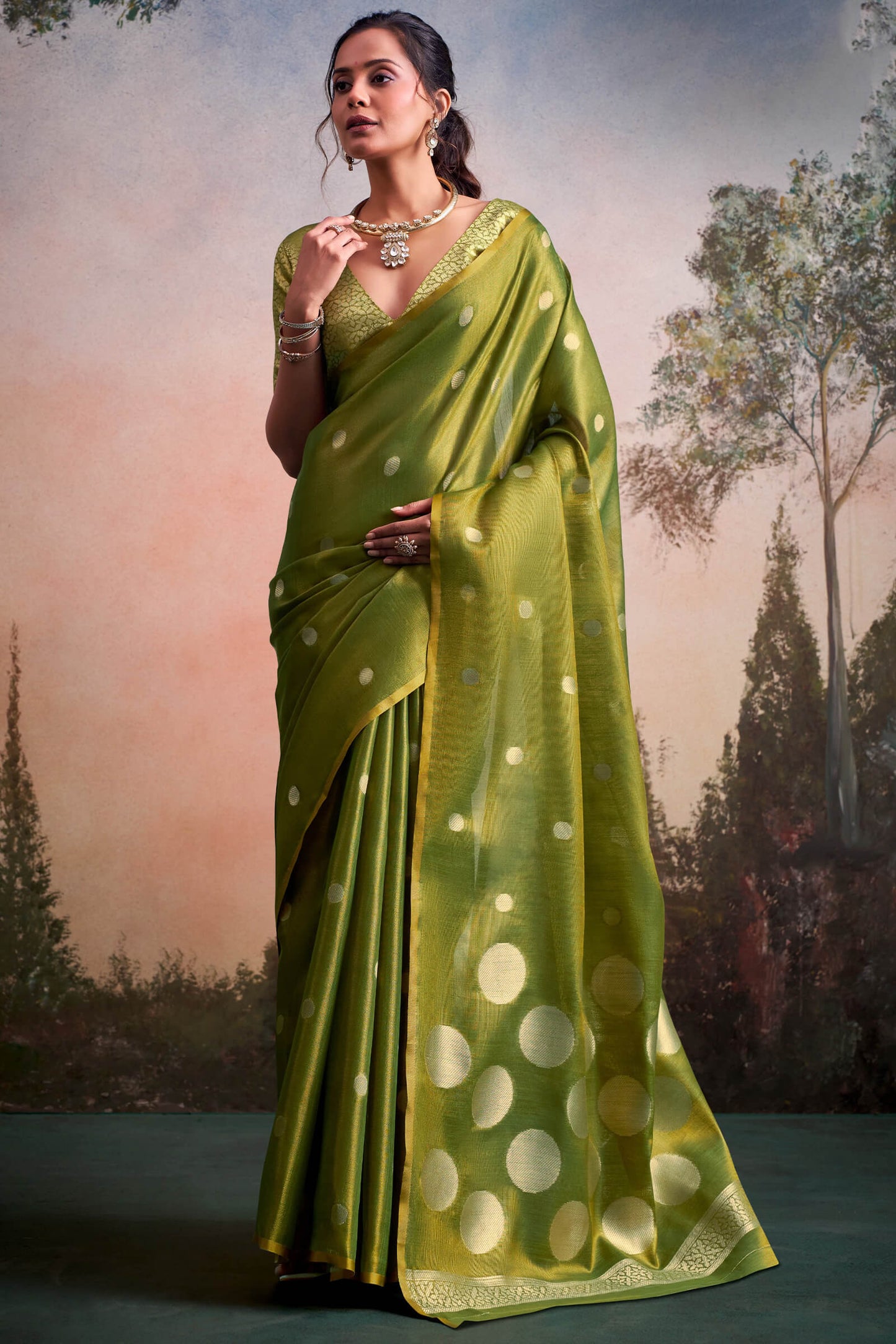 Posh Green Banarasi Tissue Silk Saree With Imbrication Blouse Piece