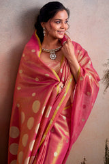 Ornate Pink Banarasi Tissue Silk Saree With Imaginative Blouse Piece
