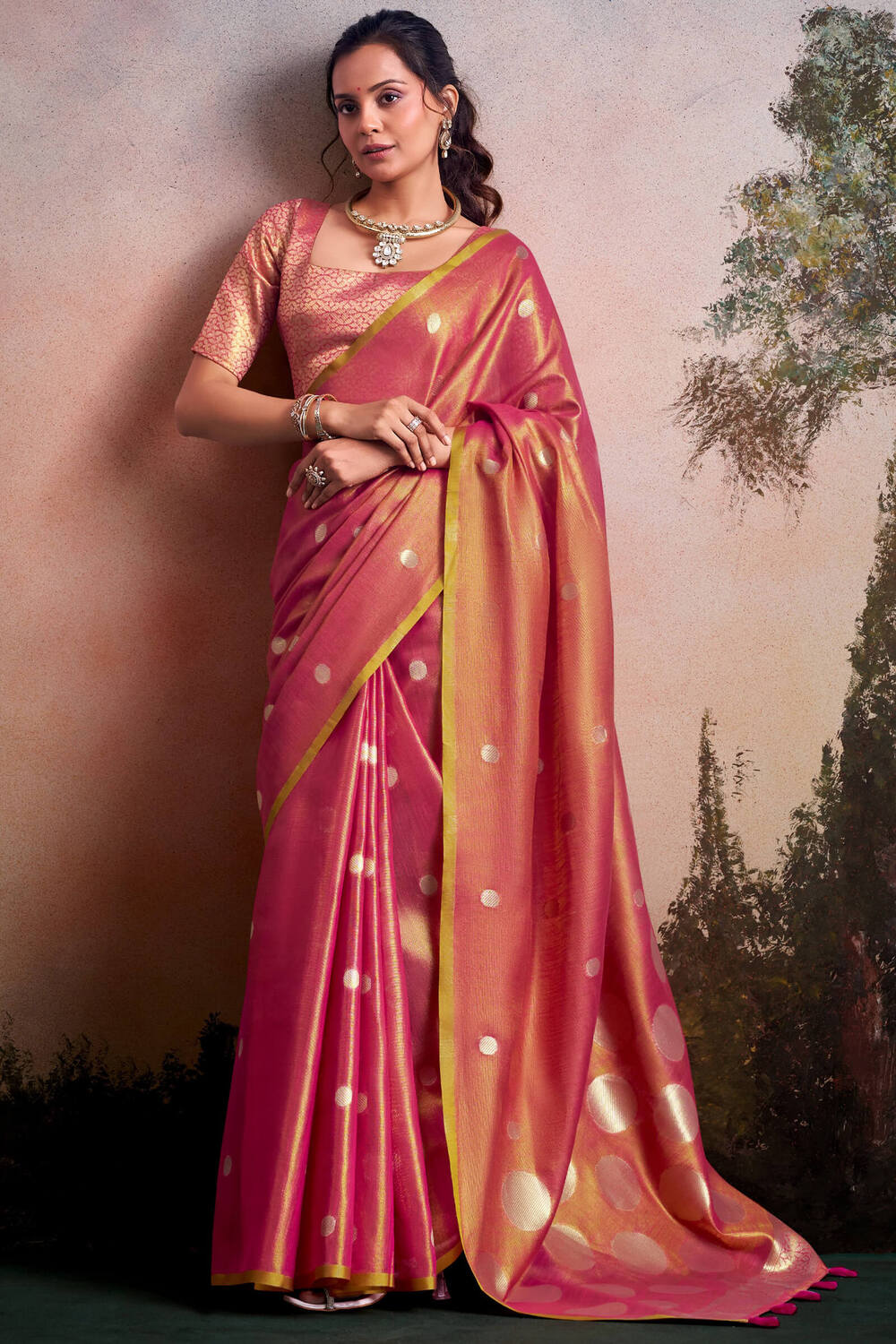 Ornate Pink Banarasi Tissue Silk Saree With Imaginative Blouse Piece