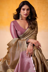 Desultory Brown Soft Banarasi Tissue Silk Saree With Designer Blouse Piece