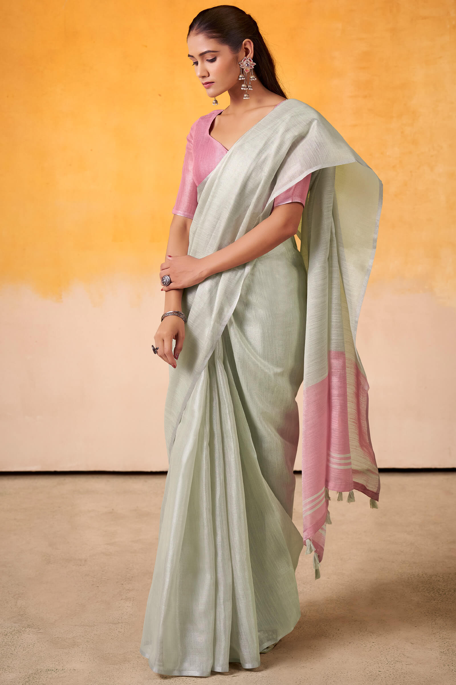 Woebegone Pista Soft Banarasi Tissue Silk Saree With Splendiferous Blouse Piece