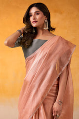 Beautiful Peach Soft Banarasi Tissue Silk Saree With Snappy Blouse Piece