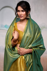 Fantabulous Green Soft Banarasi Tissue Silk Saree With Skinny Blouse Piece