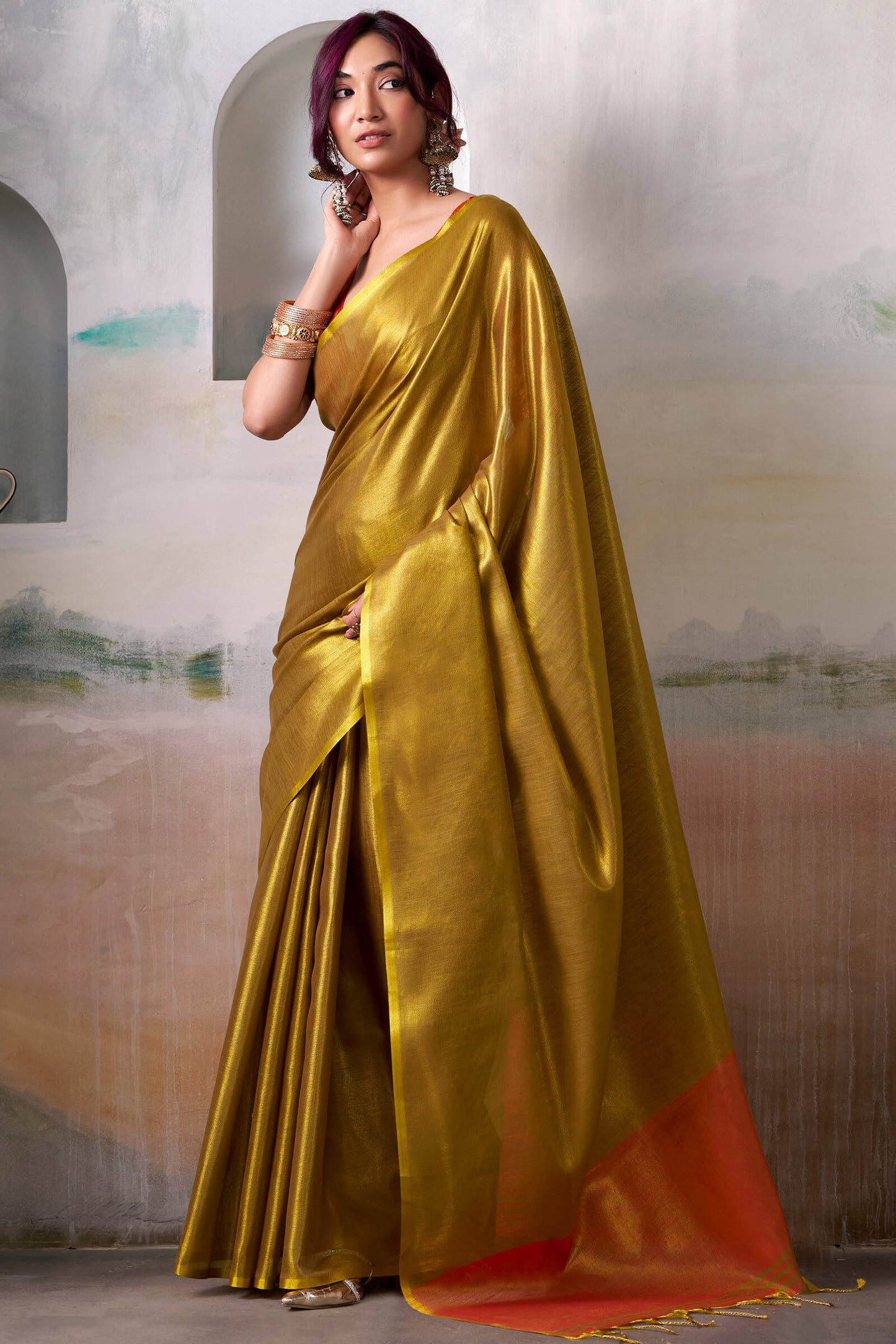 Ailurophile Golden Soft Banarasi Tissue Silk Saree With Dazzling Blouse Piece