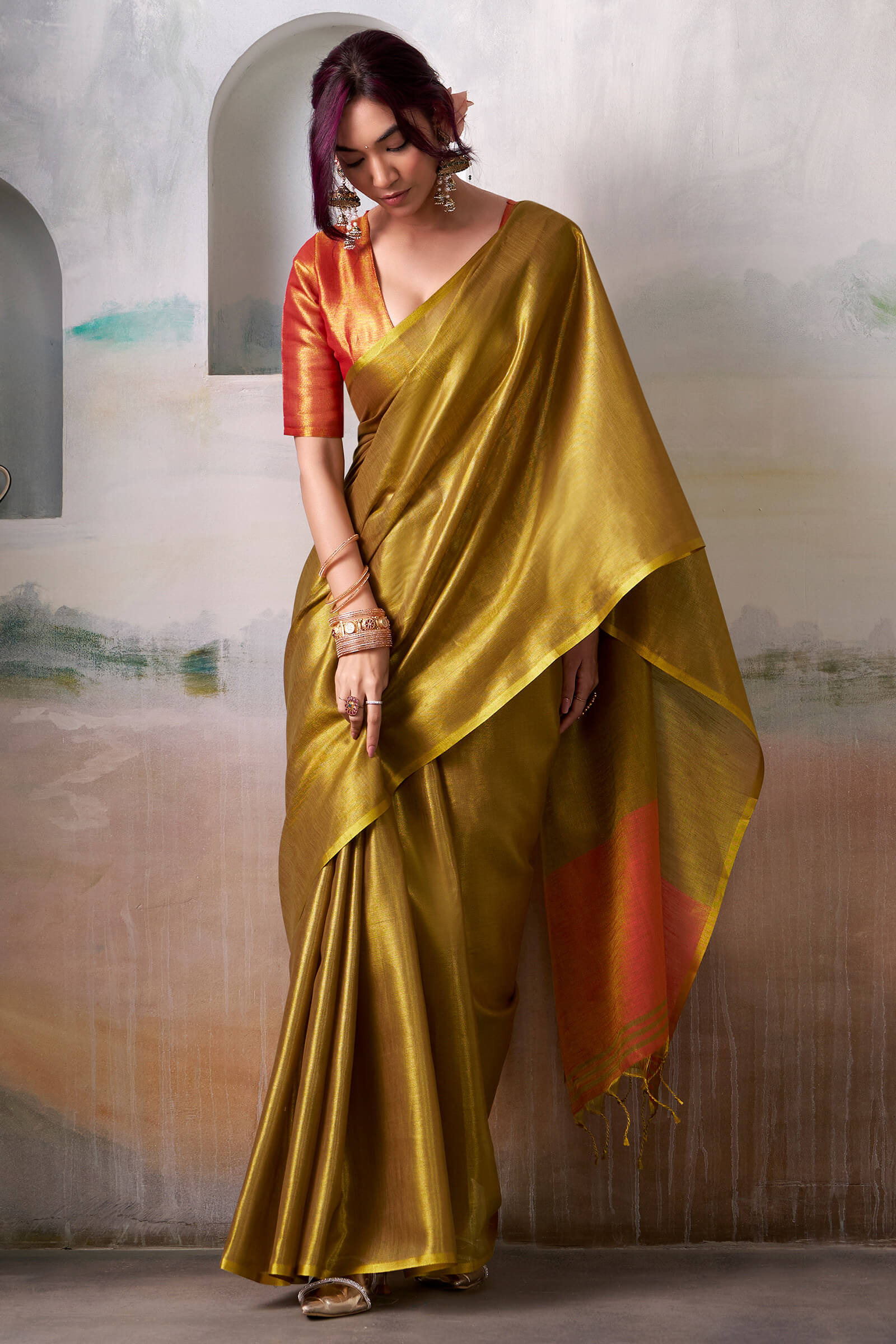 Ailurophile Golden Soft Banarasi Tissue Silk Saree With Dazzling Blouse Piece