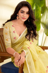 Stunning Yellow Cotton Silk Saree With Most Stunning Blouse Piece