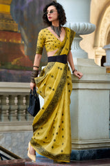 Delectable Yellow Cotton Silk Saree With Staring Blouse Piece