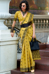 Delectable Yellow Cotton Silk Saree With Staring Blouse Piece