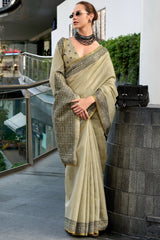 Prominent Beige Cotton Silk Saree With Twirling Blouse Piece