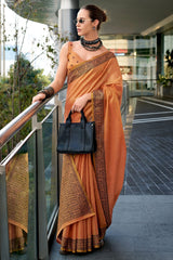 Preferable Orange Cotton Silk Saree With Epiphany Blouse Piece
