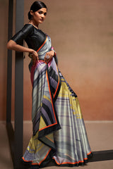 Splendiferous Grey Digital Printed Satin Silk Saree With Imaginative Blouse Piece