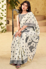 Ornate Beige Cotton Silk Saree With Ebullience Blouse Piece