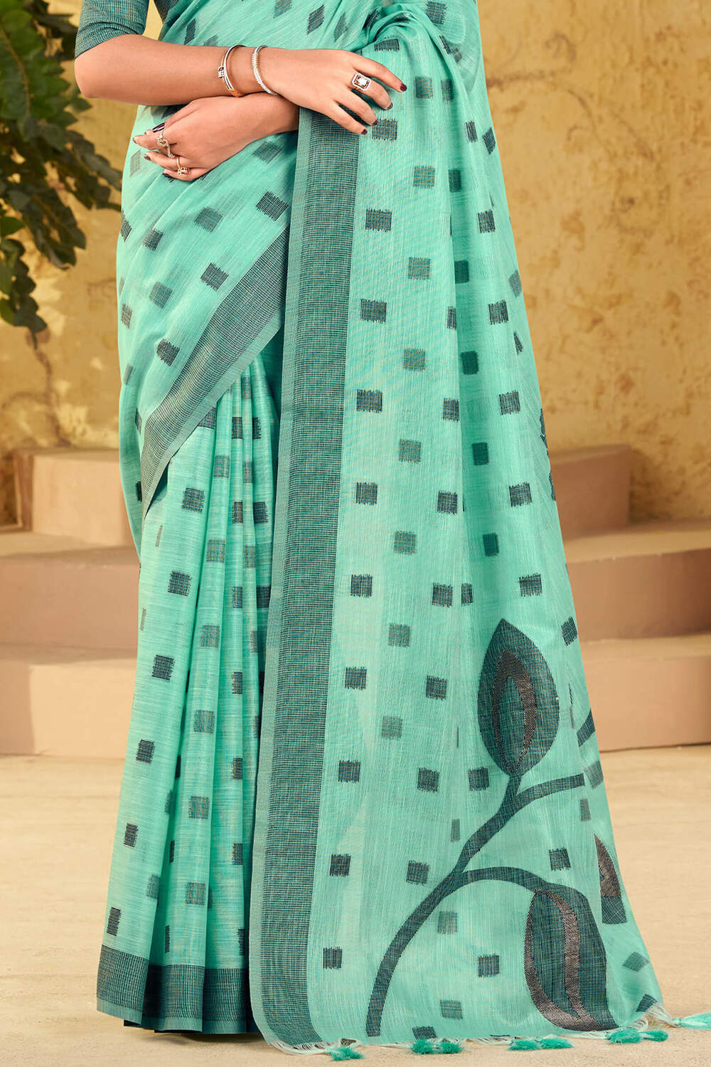Propinquity Sea Green Cotton Silk Saree With Winsome Blouse Piece