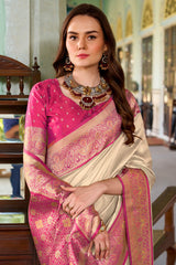 Redolent Beige Soft Banarasi Silk Saree With Ebullience Blouse Piece