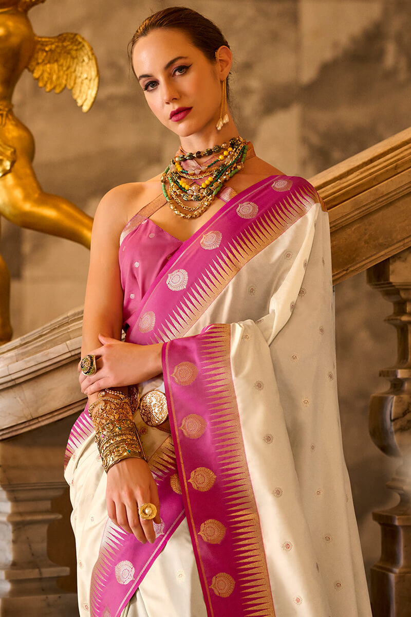 Panache Beige Soft Banarasi Silk Saree With Embellished Blouse Piece