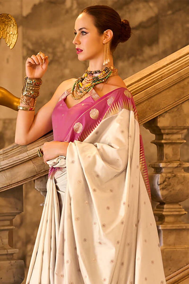 Panache Beige Soft Banarasi Silk Saree With Embellished Blouse Piece