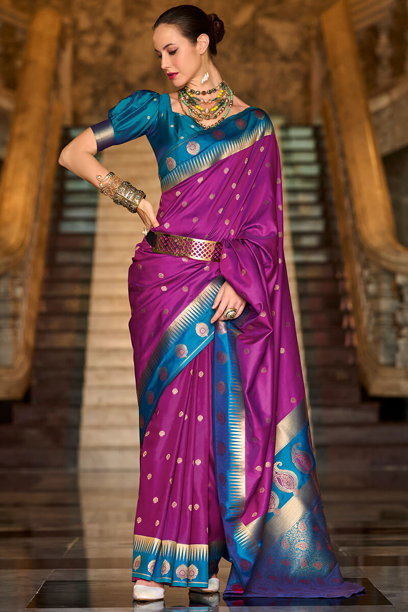 Preferable Purple Soft Banarasi Silk Saree With Jubilant Blouse Piece