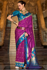 Preferable Purple Soft Banarasi Silk Saree With Jubilant Blouse Piece