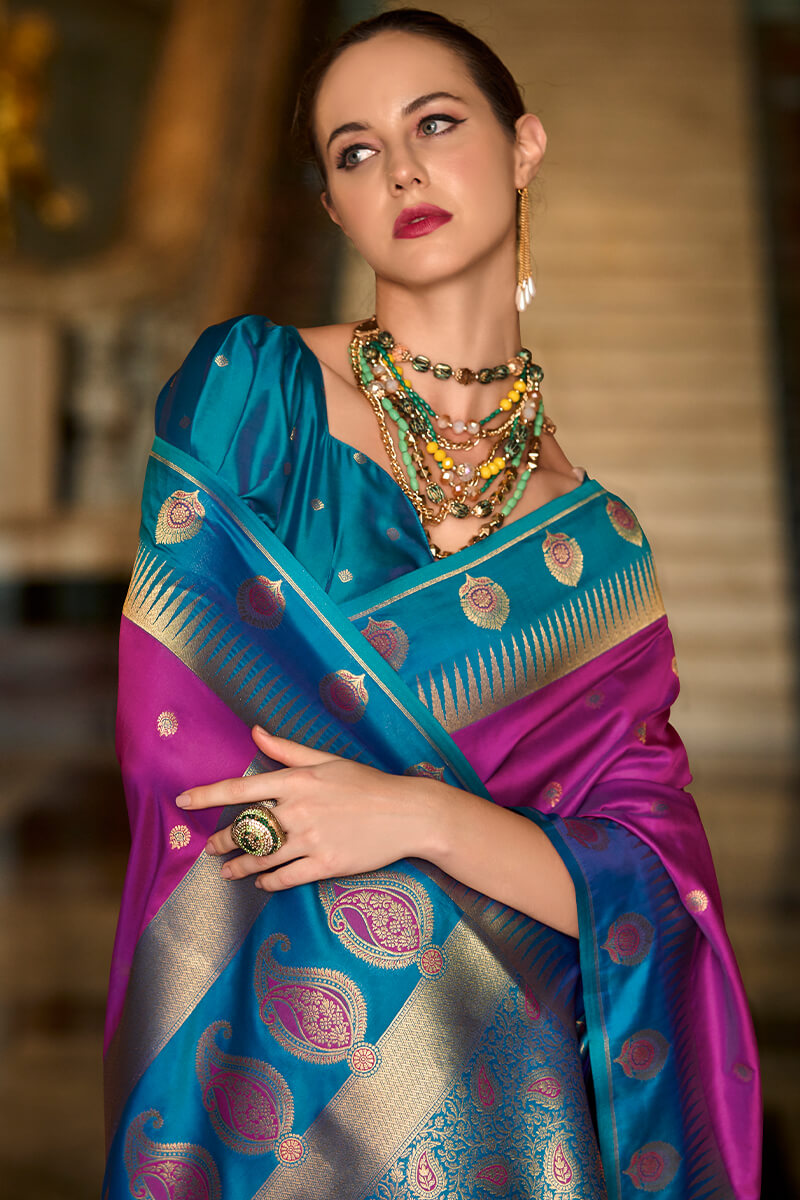 Preferable Purple Soft Banarasi Silk Saree With Jubilant Blouse Piece