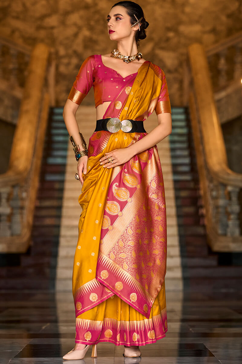 Gratifying Yellow Soft Banarasi Silk Saree With Staggering Blouse Piece