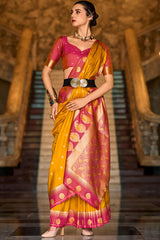 Gratifying Yellow Soft Banarasi Silk Saree With Staggering Blouse Piece