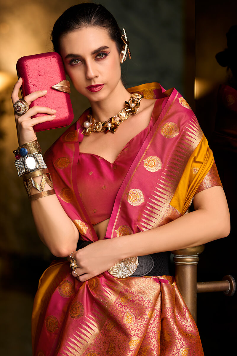 Gratifying Yellow Soft Banarasi Silk Saree With Staggering Blouse Piece