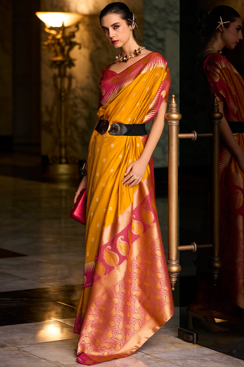 Gratifying Yellow Soft Banarasi Silk Saree With Staggering Blouse Piece