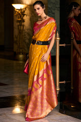 Gratifying Yellow Soft Banarasi Silk Saree With Staggering Blouse Piece