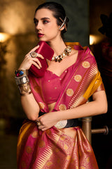 Gratifying Yellow Soft Banarasi Silk Saree With Staggering Blouse Piece