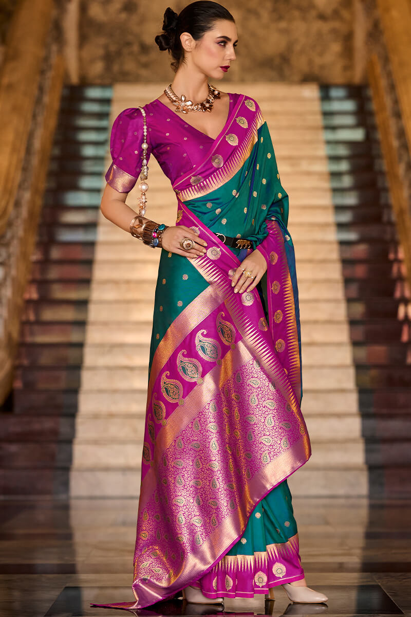 Precious Rama Soft Banarasi Silk Saree With Ailurophile Blouse Piece