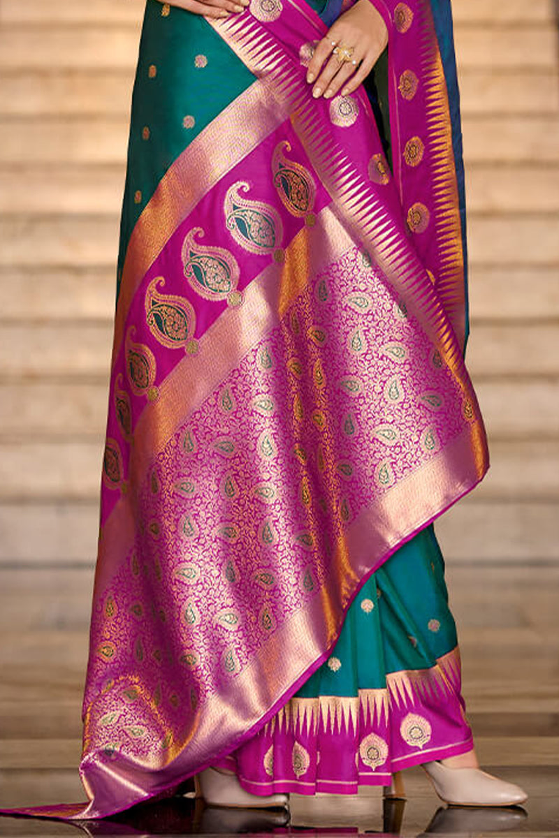 Precious Rama Soft Banarasi Silk Saree With Ailurophile Blouse Piece